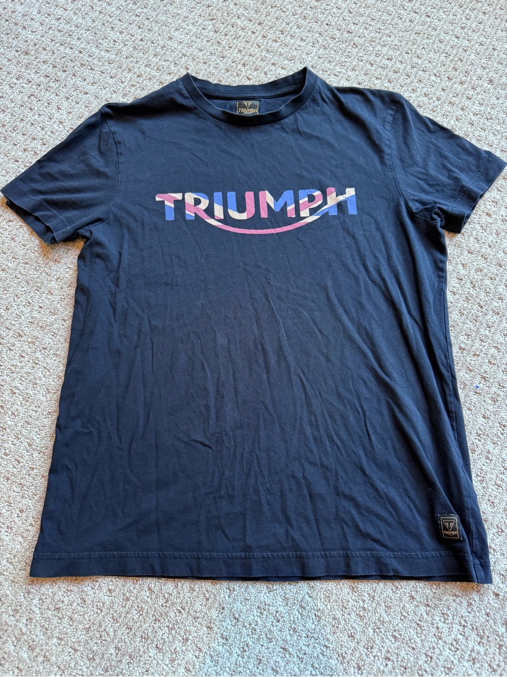 Triumph Navy Blue Tee with Gold Logo and Union Jack Tab